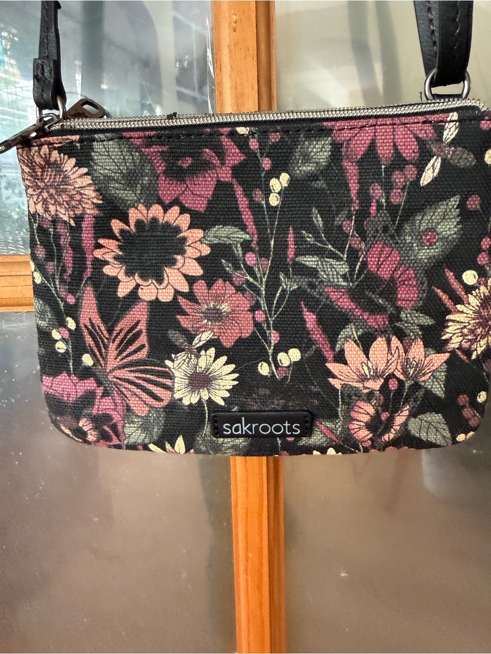 Floral Canvas Crossbody Bag in Black and Pink - Picture 2 of 4